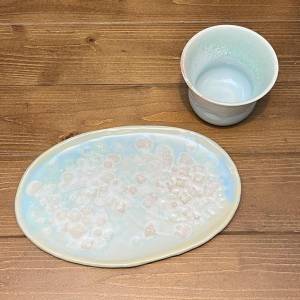 カップとお皿のセット(丸味楕円のお皿:白水色)