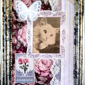 【ヴィンテージ猫】コラージュアート｜静かなインテリア・2L判・ピンク